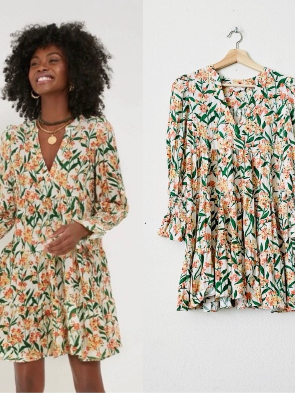 Pomander Place Kenzo Dress - Cream Floral V-Neck Tiered Mini Dress